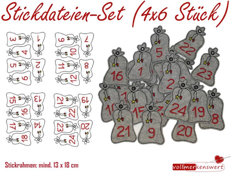 Stickdatei-Set 24 Anhänger für Adventskalender Geschenkesack 4x6 Dateien für 13x18cm Stickrahmen S020